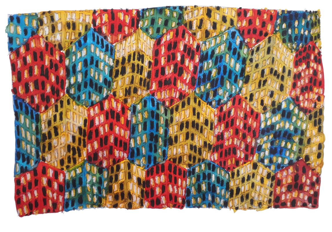 "Début de soirée sur la ville" # xxx.001, 2023 - Encre semi-grasse, pastel à l'huile et encre aquarelle sur papier à grain - L 34 cm x H 22 cm