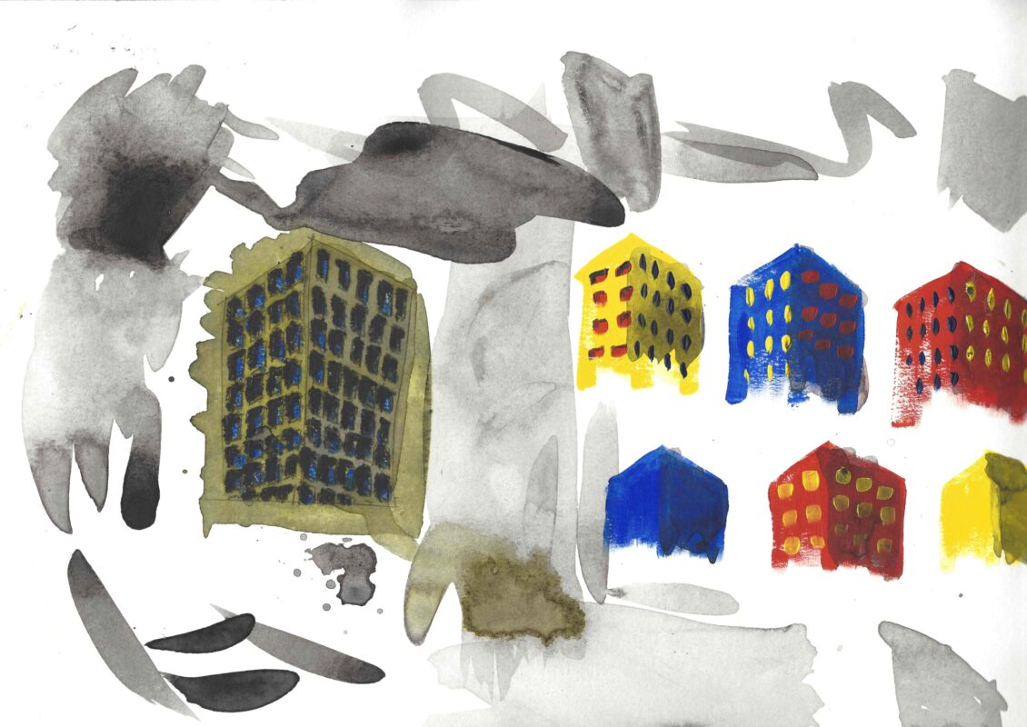 "La ville, esquisses" # 015.001, 2018 - Stylo-bille, pastel gras et encre aquarelle sur papier grainé - L 21 cm x H 14,5 cm