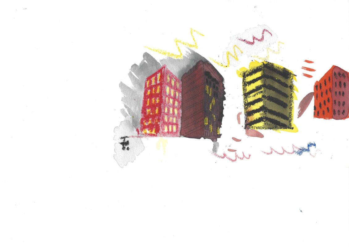 "La ville, esquisses" # 015.002, 2018 - Stylo-bille, pastel gras, encre aquarelle et peinture acrylique
sur papier grainé - L 32 cm x H 24 cm